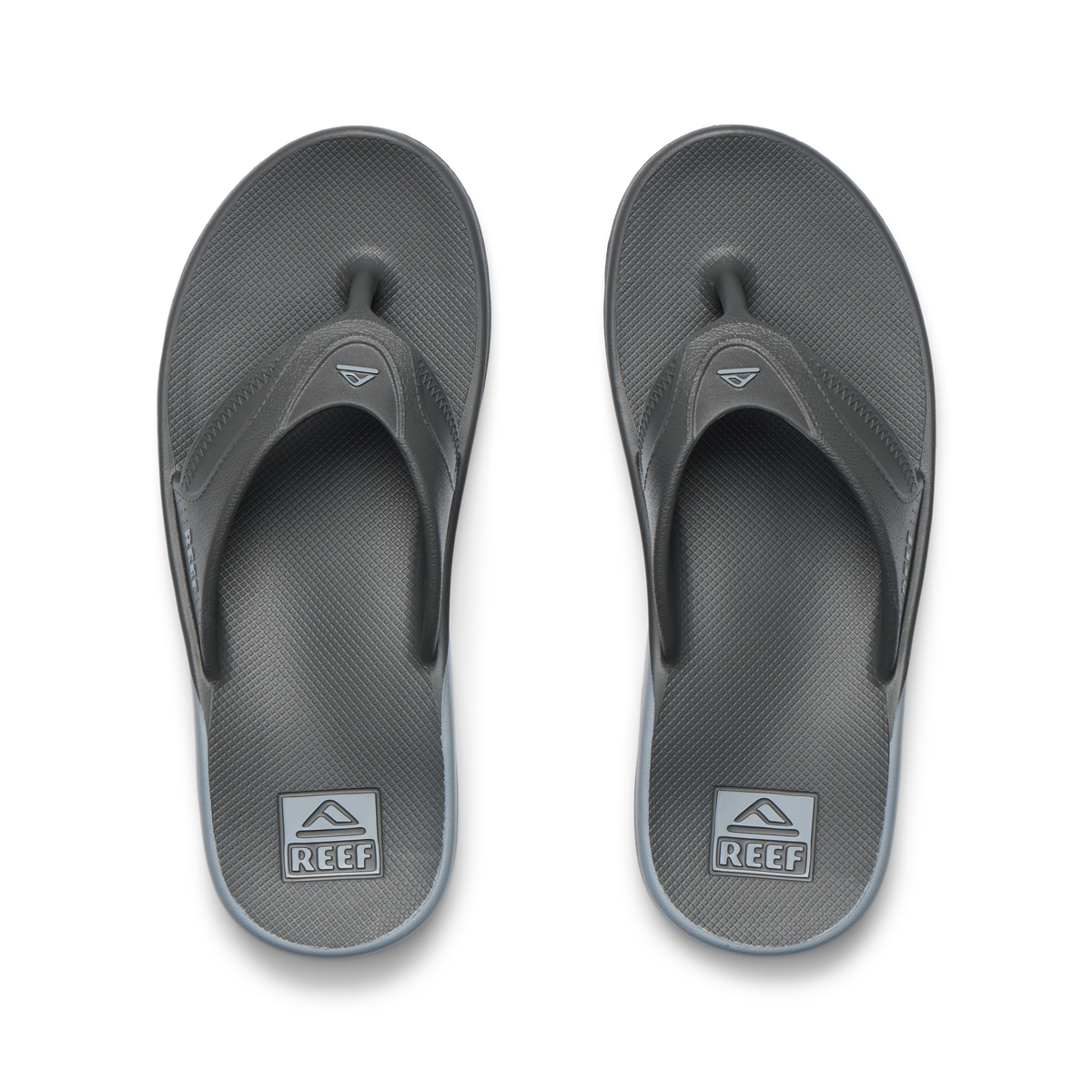 Fanning H2O gray water friendly flip flops viewed from above, toes facing upward with cushioned footbeds
