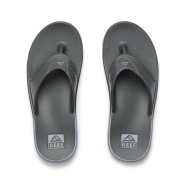 Fanning H2O gray water friendly flip flops viewed from above, toes facing upward with cushioned footbeds