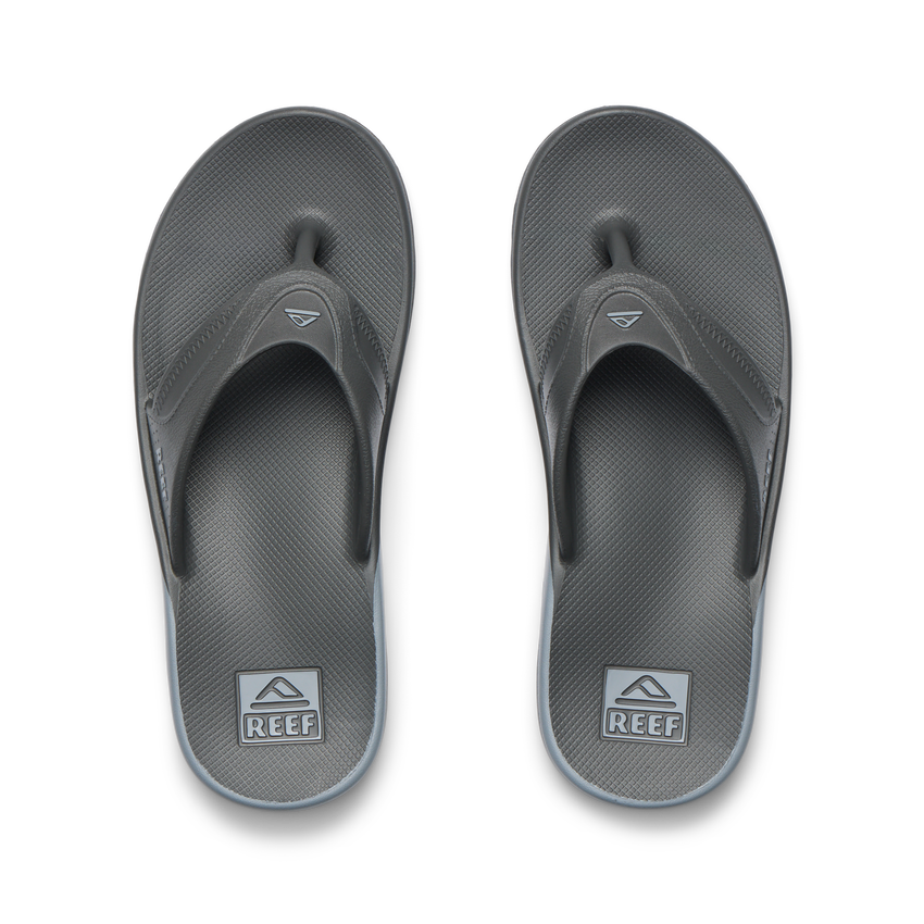 Fanning H2O gray water friendly flip flops viewed from above, toes facing upward with cushioned footbeds