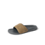 Tailslide slide sandal facing left, with tan perforated strap and grey cushioned footbed, designed for comfort and beach lifestyle.