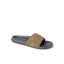 Tailslide men's slide sandal facing left with tan suede upper and cushioned black sole, surf-inspired comfort design.