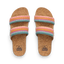 Top view of women's Cushion Vista sandals with multicolor woven straps and cork footbeds facing up, beach-inspired comfort.