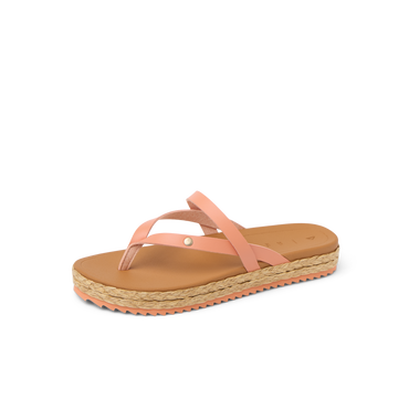 Vista Carmen women's sandal facing left, close-up on toe strap and cushioned arch support with braided platform sole.