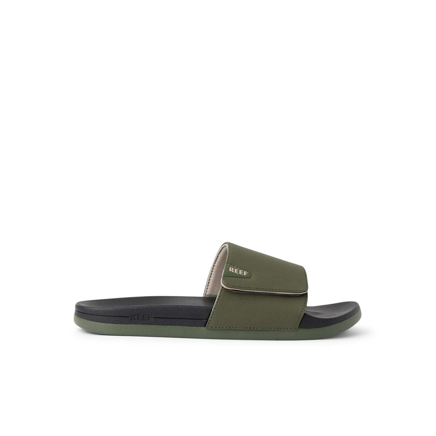 Side view of Cshn Phantom Slide in olive green with cushioned footbed and ergonomic arch support for beach comfort