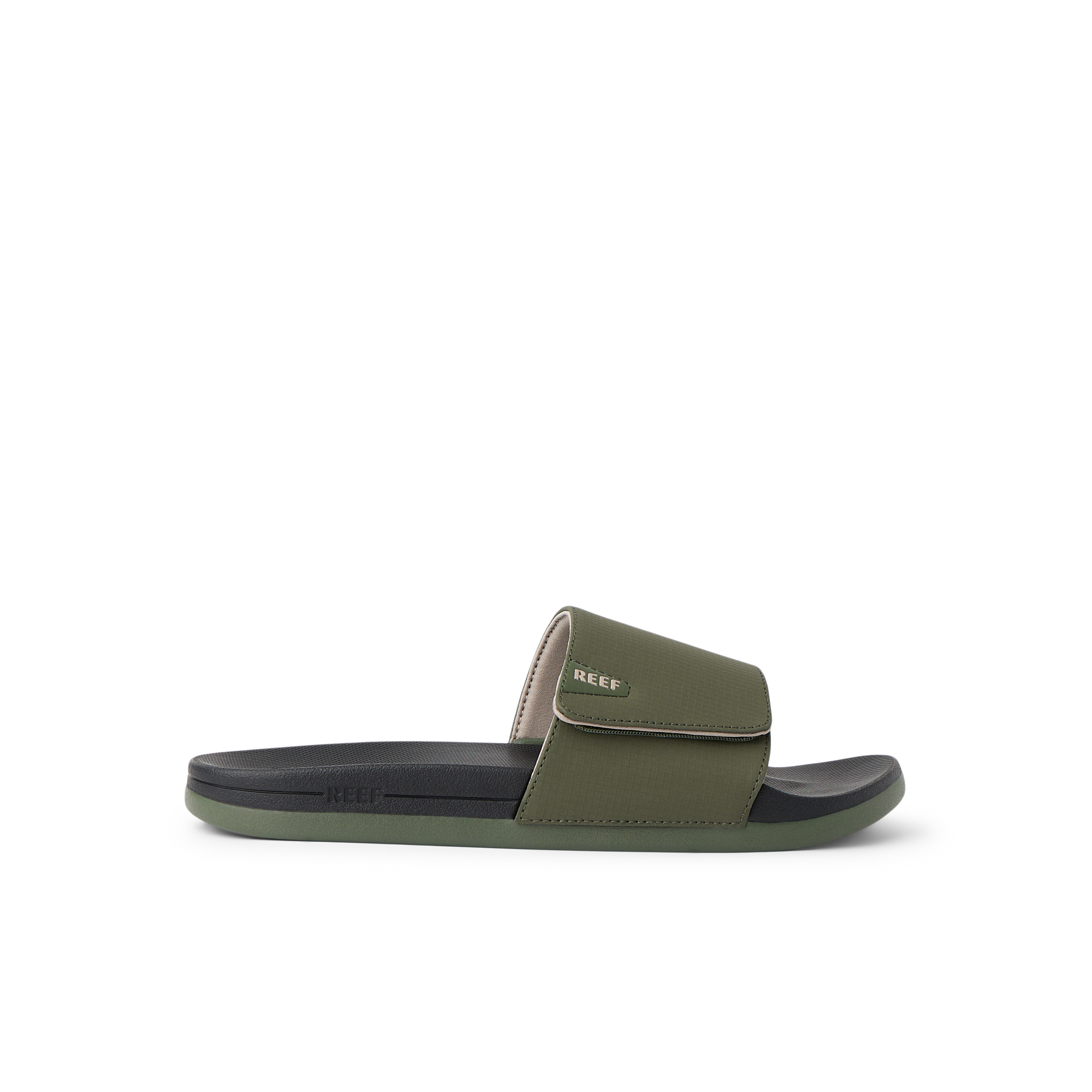 Side view of Cshn Phantom Slide in olive green with cushioned footbed and ergonomic arch support for beach comfort