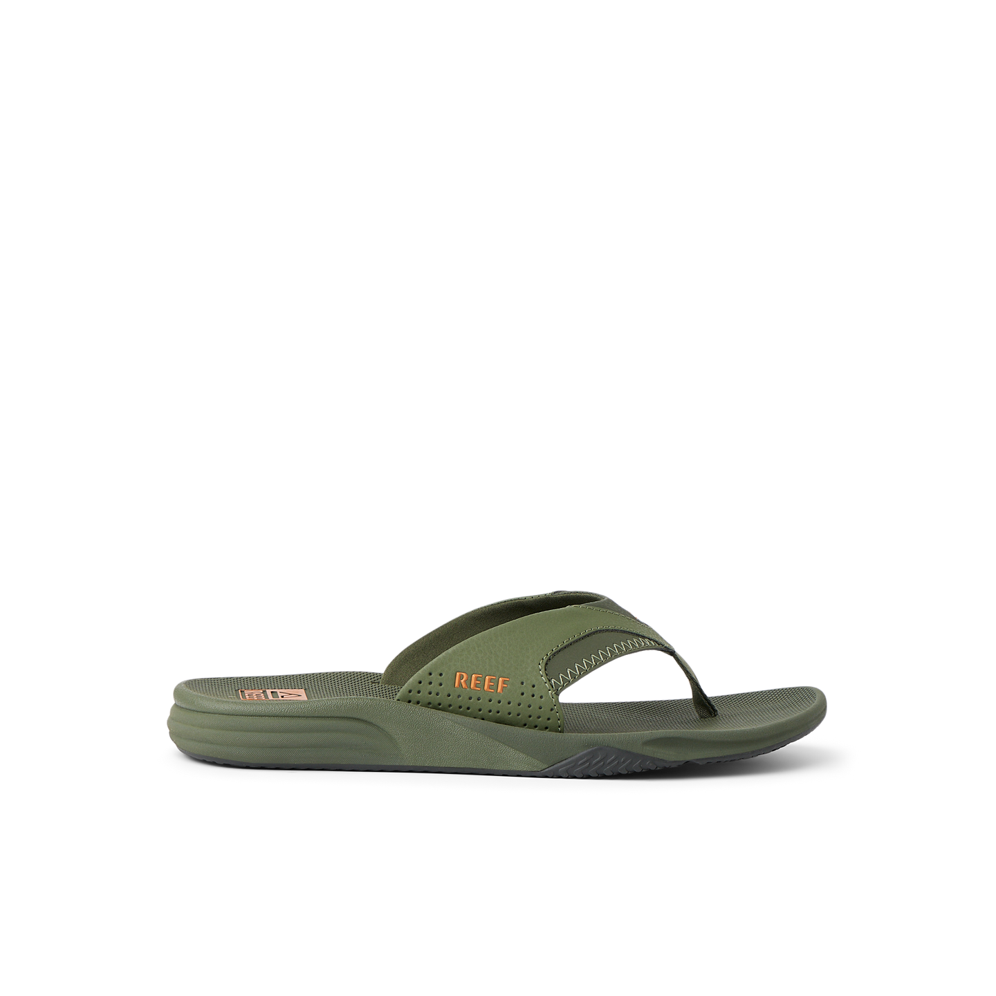 Side view of green Cushion Fanning flip flop sandal with anatomical arch support and soft cushioning for beach comfort