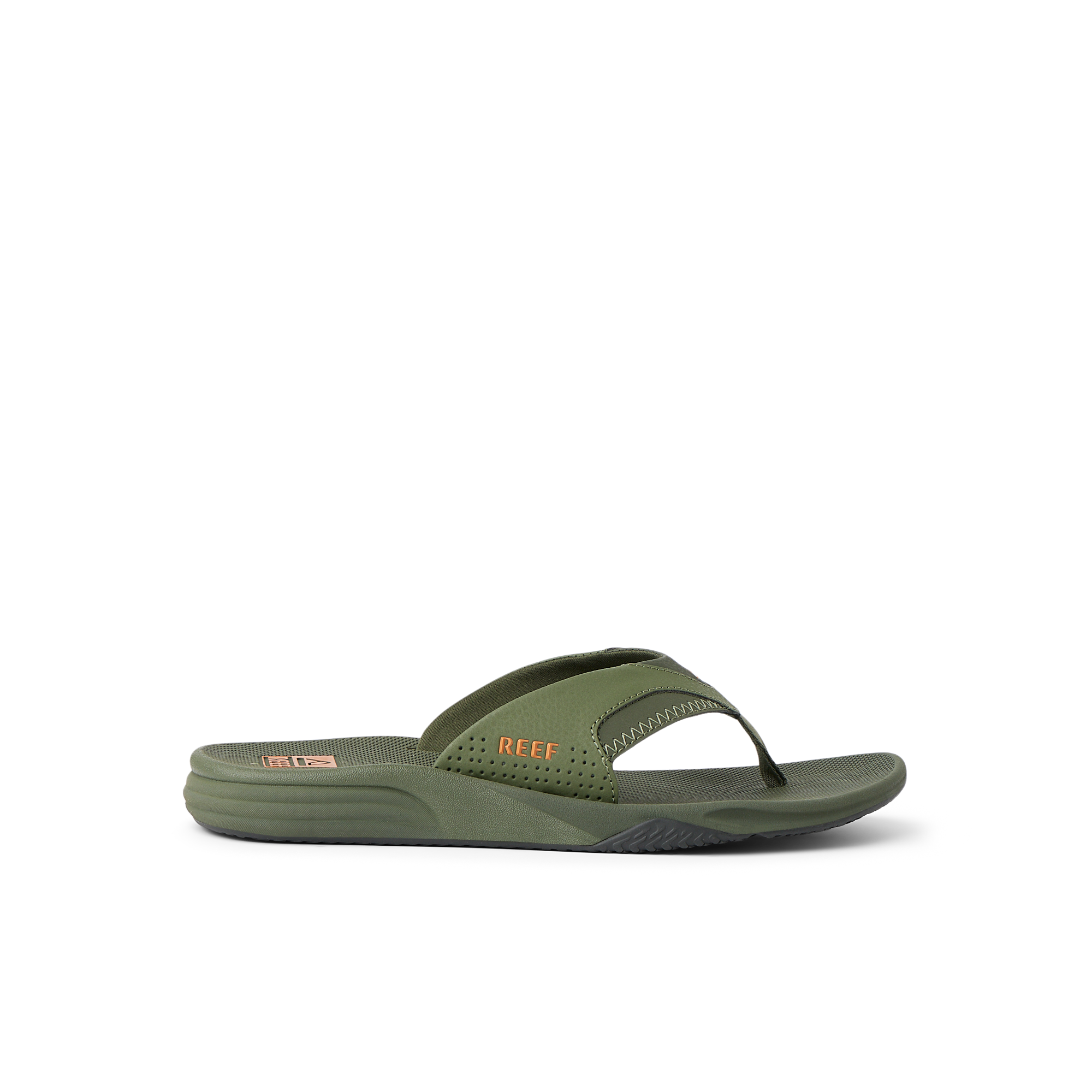 Side view of green Cushion Fanning flip flop sandal with anatomical arch support and soft cushioning for beach comfort