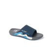 Cruiser Slide facing right, men's navy grey white slide sandal with anatomical arch support and soft cushioning