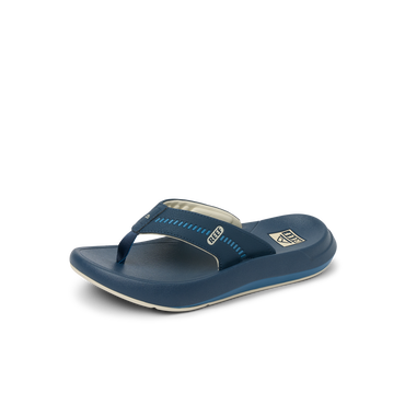 Cruiser men's navy blue flip flop facing right, showing top and side, with cushioned footbed for beach comfort.