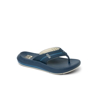 Cruiser men's navy blue flip flop facing left, close-up of top and side with soft cushioning and arch support