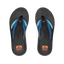 Top view of men's Fanning + sandals with black, blue, and orange accents, featuring comfort cushioning and arch support.