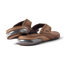 Rear close-up of brown Fanning + men's sandals showing soft-rebound cushioning and anatomical arch support, facing right.