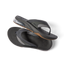 Fanning + men’s black flip flops with arch support and cushioned sole, right footwear side view and sole close-up shot