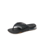 Fanning + men’s black and gum flip flop facing right, close-up of padded toe post and cushioned arch support.