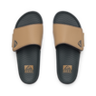 Phantom Slab men's slides facing up, tan straps with REEF logo, cushioned footbed with arch support for beach comfort.