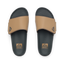 Phantom Slab men's slides facing up, tan straps with REEF logo, cushioned footbed with arch support for beach comfort.