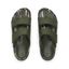Top-down view of men's Oasis Adapt slides in green with camo marble footbeds, featuring anatomical arch support and soft cushioning.