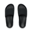 Tailslide men's black slides facing up, close-up of footbeds with textured cushioning and arch support for water-friendly comfort.