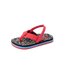 Little Ahi toddler boys' sandal facing left, red straps, colorful patterned footbed with arch support and soft cushioning.
