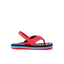Little Ahi sandal for boys facing left, showing red straps and patterned footbed, designed for beach comfort and durability.