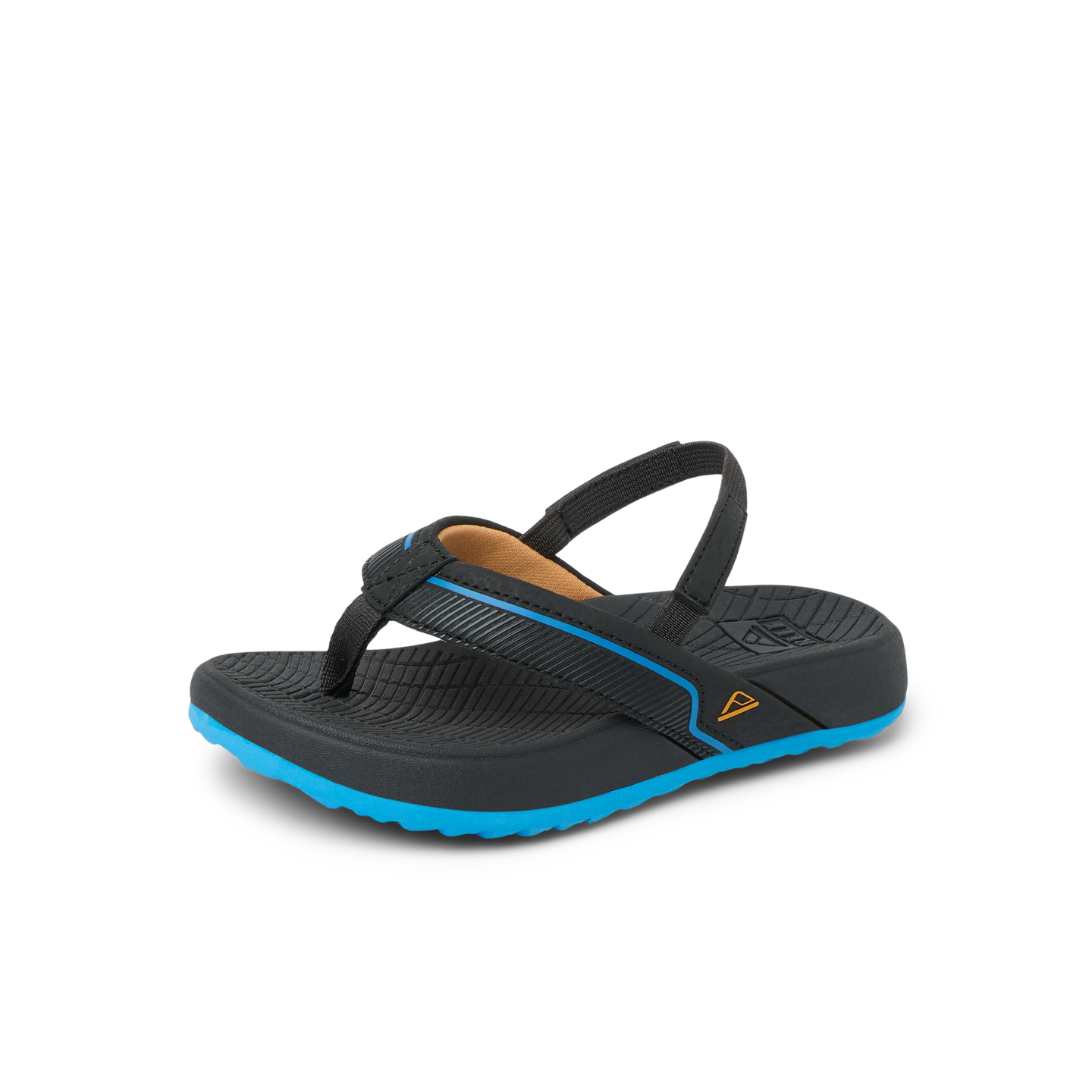 Little Windswell right-facing kids' black and blue flip flop sandal with arch support and cushioned footbed.