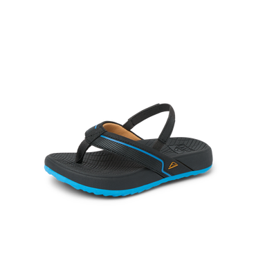 Little Windswell right-facing kids' black and blue flip flop sandal with arch support and cushioned footbed.