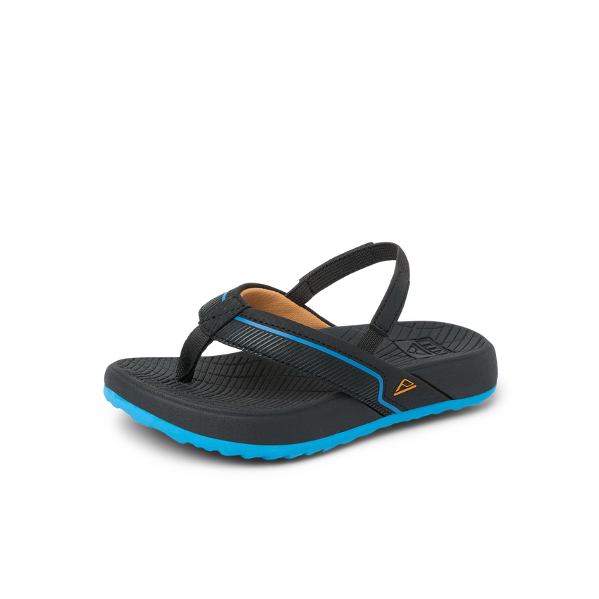 Little Windswell right-facing kids' black and blue flip flop sandal with arch support and cushioned footbed.