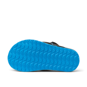 Little Windswell boys flip flop sole view facing up, showing durable blue water-friendly tread for beach comfort.
