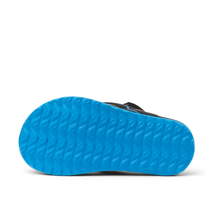 Little Windswell boys flip flop sole view facing up, showing durable blue water-friendly tread for beach comfort.