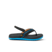 Side view of black and blue Little Windswell flip flop for boys with arch support and cushioned sole for beach comfort.