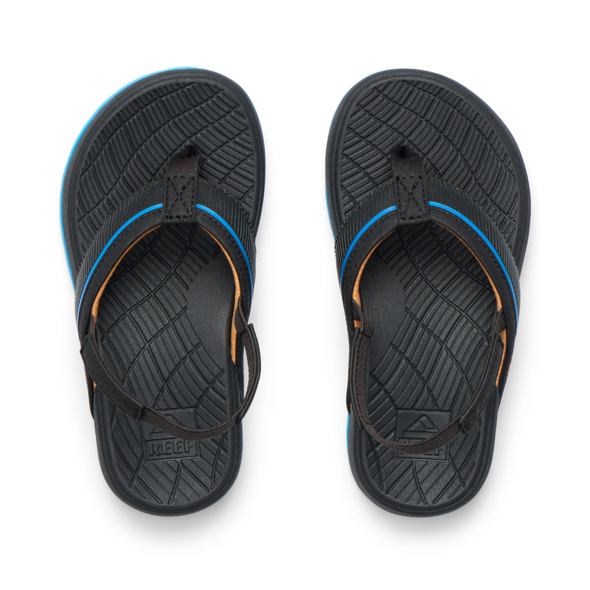Top view of Little Windswell black and blue flip flops for boys, showing cushioned footbed and water-friendly straps.
