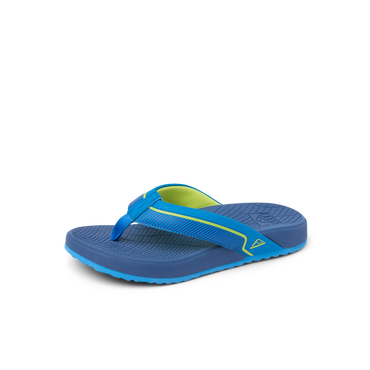 Kids Windswell blue and green flip flop for boys, left side view, surf-inspired comfort with anatomical arch support.