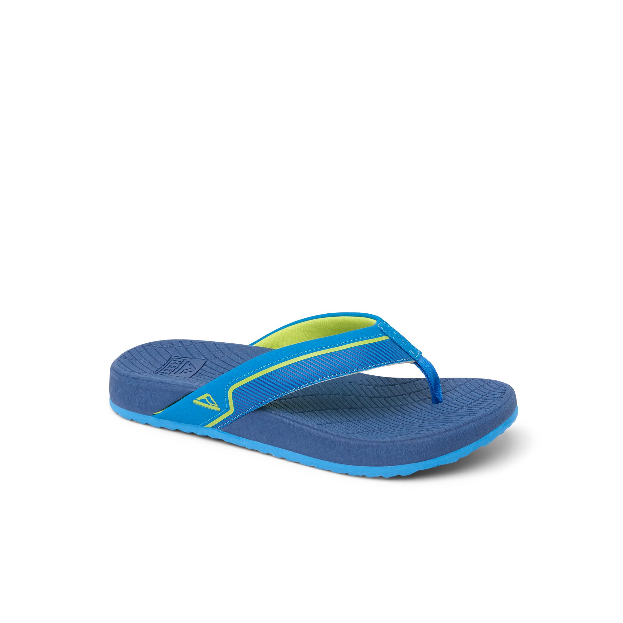 Kids Windswell blue and green flip flop facing left, close-up of side and top showing cushioned footbed and arch support.