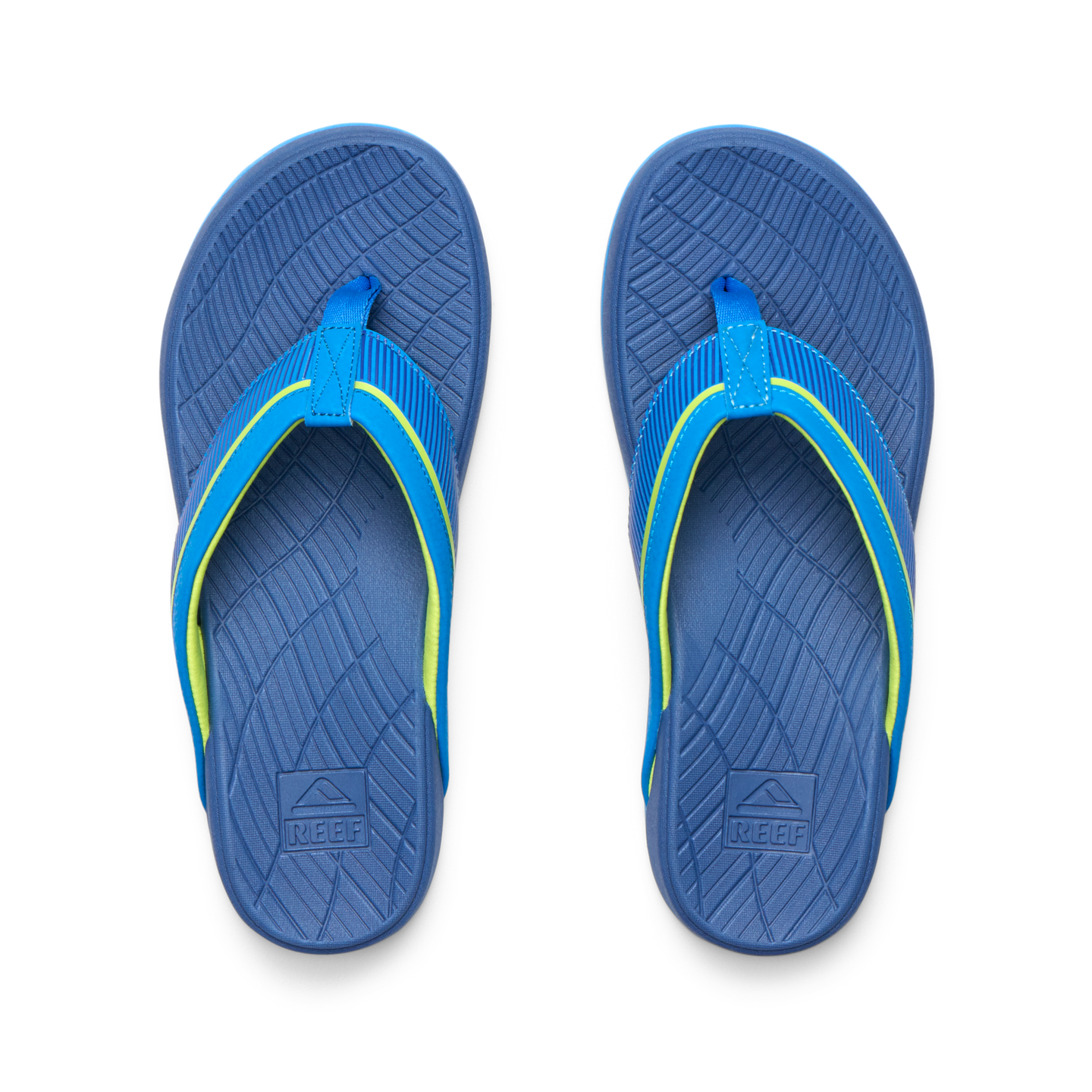 Top view of Kids Windswell blue and volt boys flip flops with anatomical arch support and soft cushioning for beach comfort