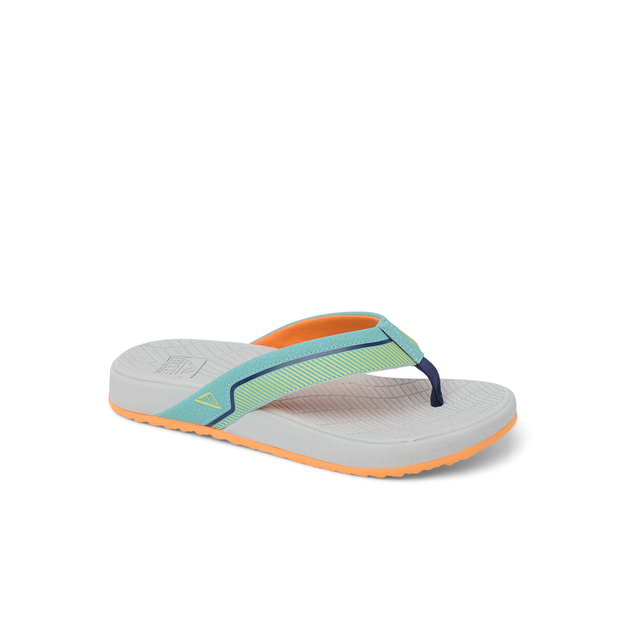 Kids Windswell flip flop facing right, showing side and top view with cushioned grey footbed and orange sole