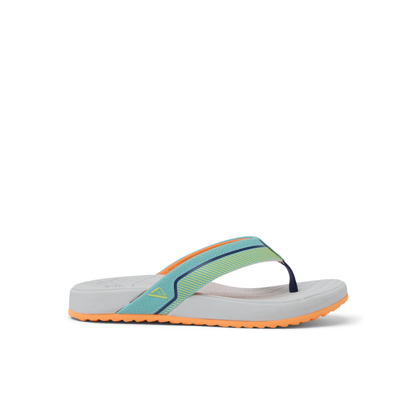 Kids Windswell boys flip flop facing left with cushioned arch support and water-friendly sole in tropical grey and orange colors