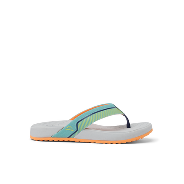 Kids Windswell boys flip flop facing left with cushioned arch support and water-friendly sole in tropical grey and orange colors