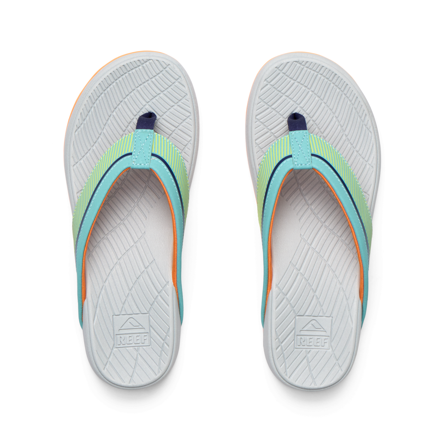 Top view of Kids Windswell boys flip flops in grey with green and blue straps, showing molded footbeds and arch support.