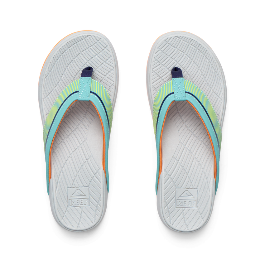 Top view of Kids Windswell boys flip flops in grey with green and blue straps, showing molded footbeds and arch support.