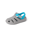 Little Totally Beachin boys grey and blue sandal facing right, close-up of cushioned arch support and water-friendly sole