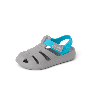 Little Totally Beachin boys grey and blue sandal facing right, close-up of cushioned arch support and water-friendly sole