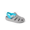 Little Totally Beachin boys sandal facing right, gray and blue with soft-rebound cushioning and arch support.