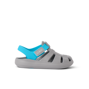 Little Totally Beachin boys sandal in grey and blue, right side view, beach-inspired comfort with arch support