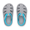 Top view of grey and blue Little Totally Beachin sandals for boys, featuring water-friendly durable material and cushioned footbeds.