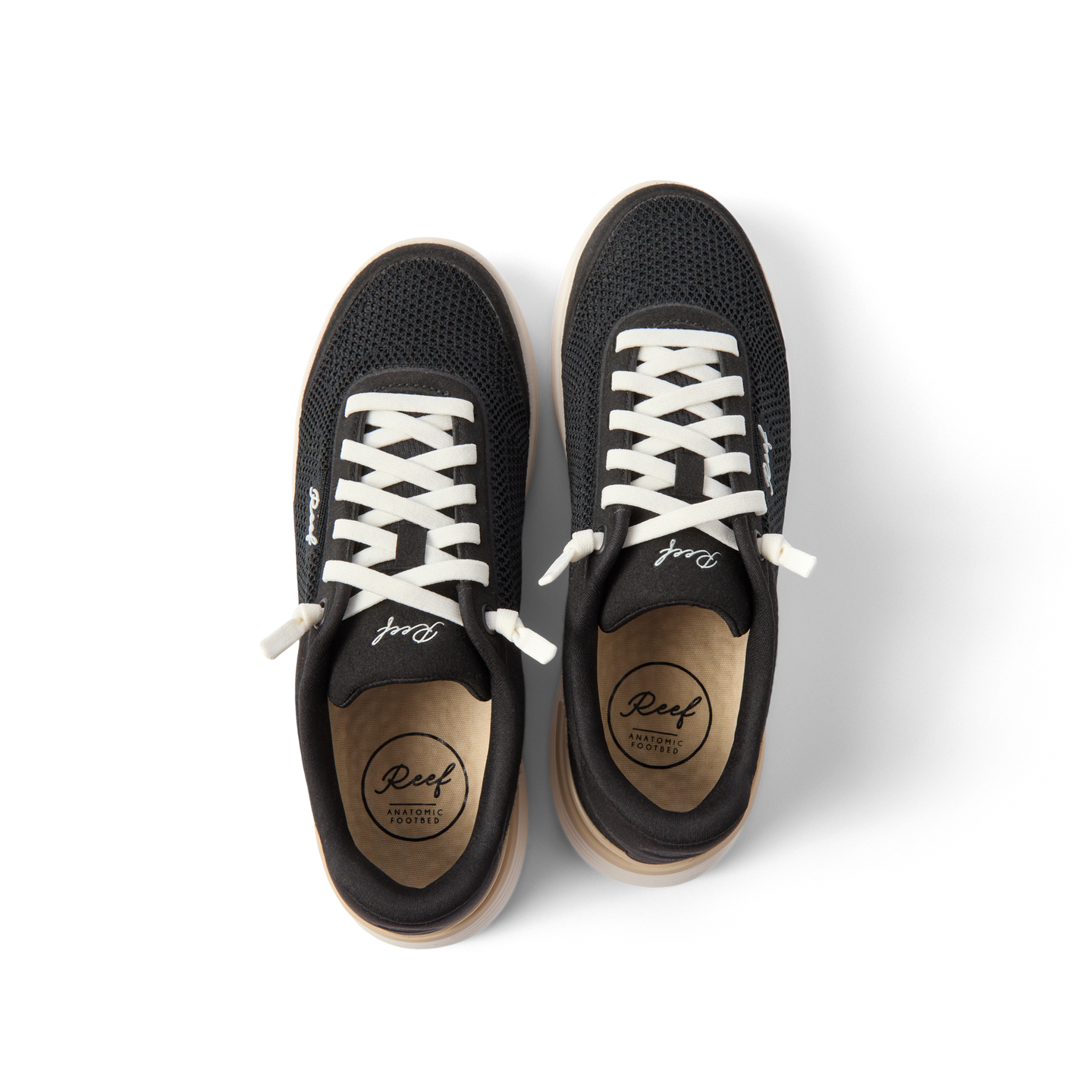 Top view of black Shoreline Palisades sneakers for women with white laces, breathable mesh, and cushioned insoles facing upward.