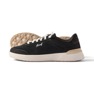Side view of Shoreline Palisades black women's sneaker with anatomical arch support and soft cushioning outsole visible behind.