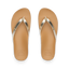 Top view of women's Vista Ivy sandals facing up, gold straps, tan cushioned footbed with arch support for beach comfort