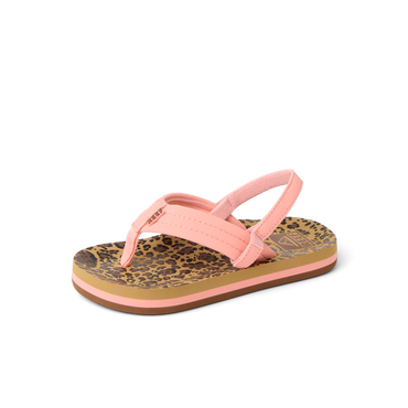 Little Ahi girls' sandal facing right, close-up of the top and side with leopard print footbed and pink straps.