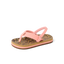 Little Ahi girls' sandal facing right, close-up of the top and side with leopard print footbed and pink straps.