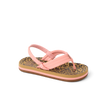 Little Ahi girls' sandal facing right, featuring leopard print footbed, pink straps, and comfort cushioning for beach wear.